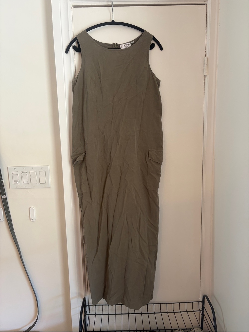 Vintage Sleeveless silk Olive Green cargo style Maxi Dress